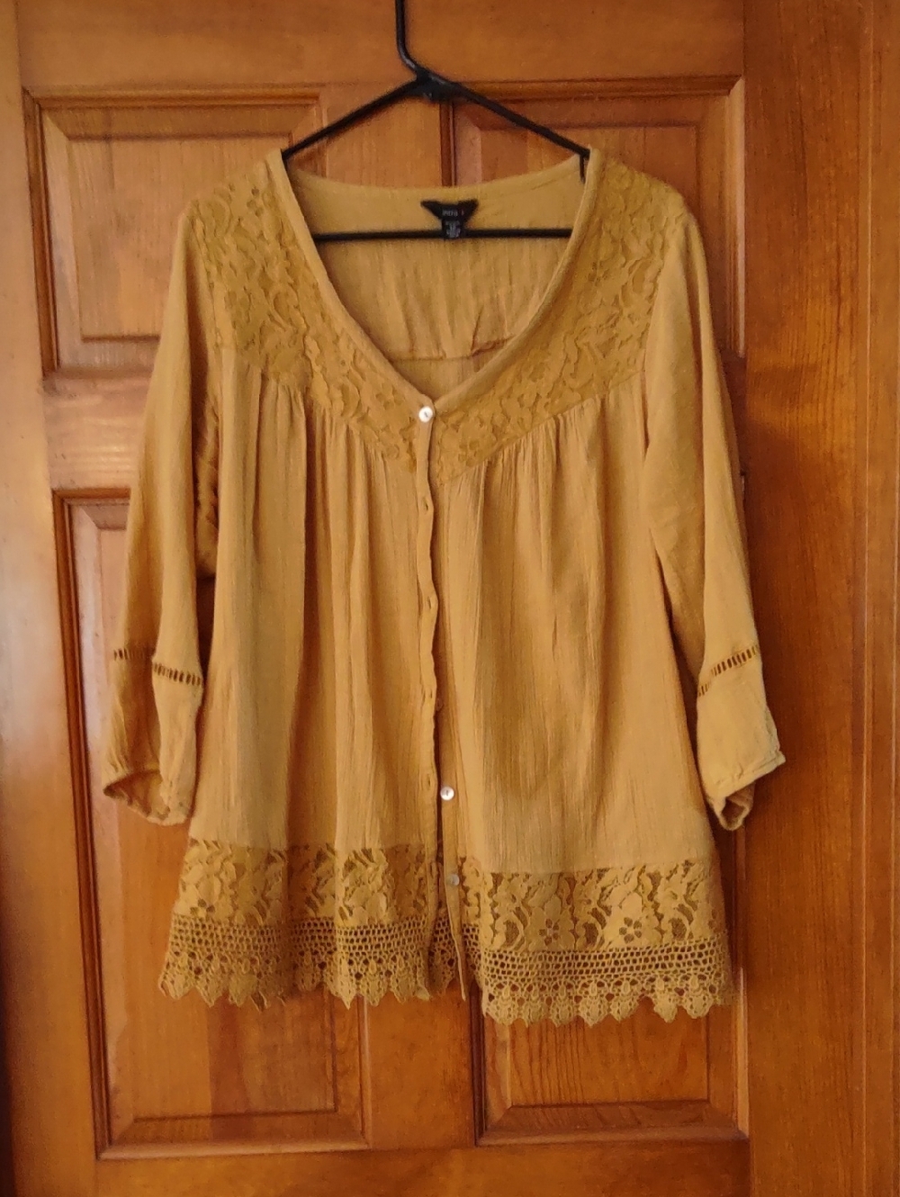 intro. Lace-Trim Button Front Top in Mustard